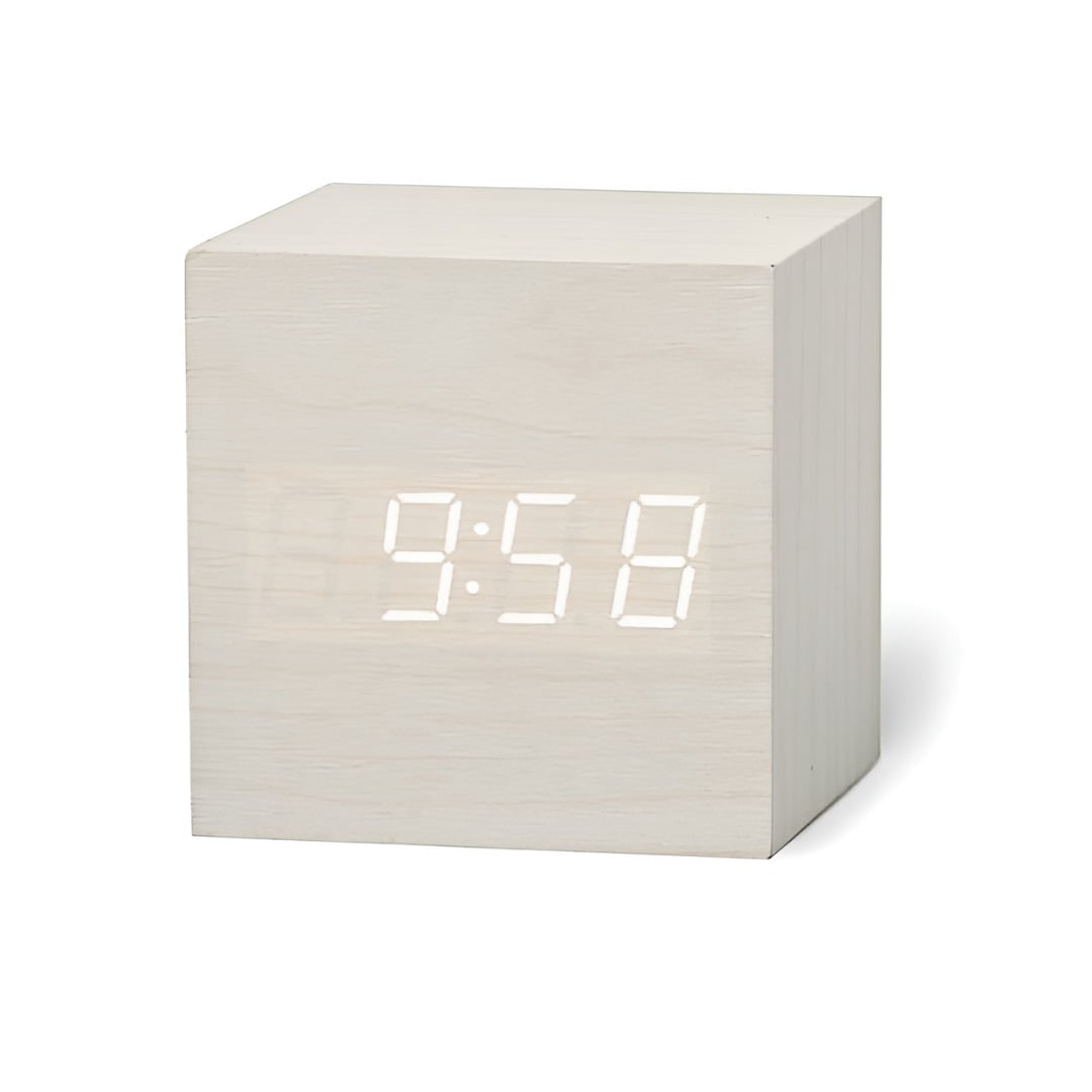 Digitale LED-wekker kubus met houtnerf en temperatuurweergave