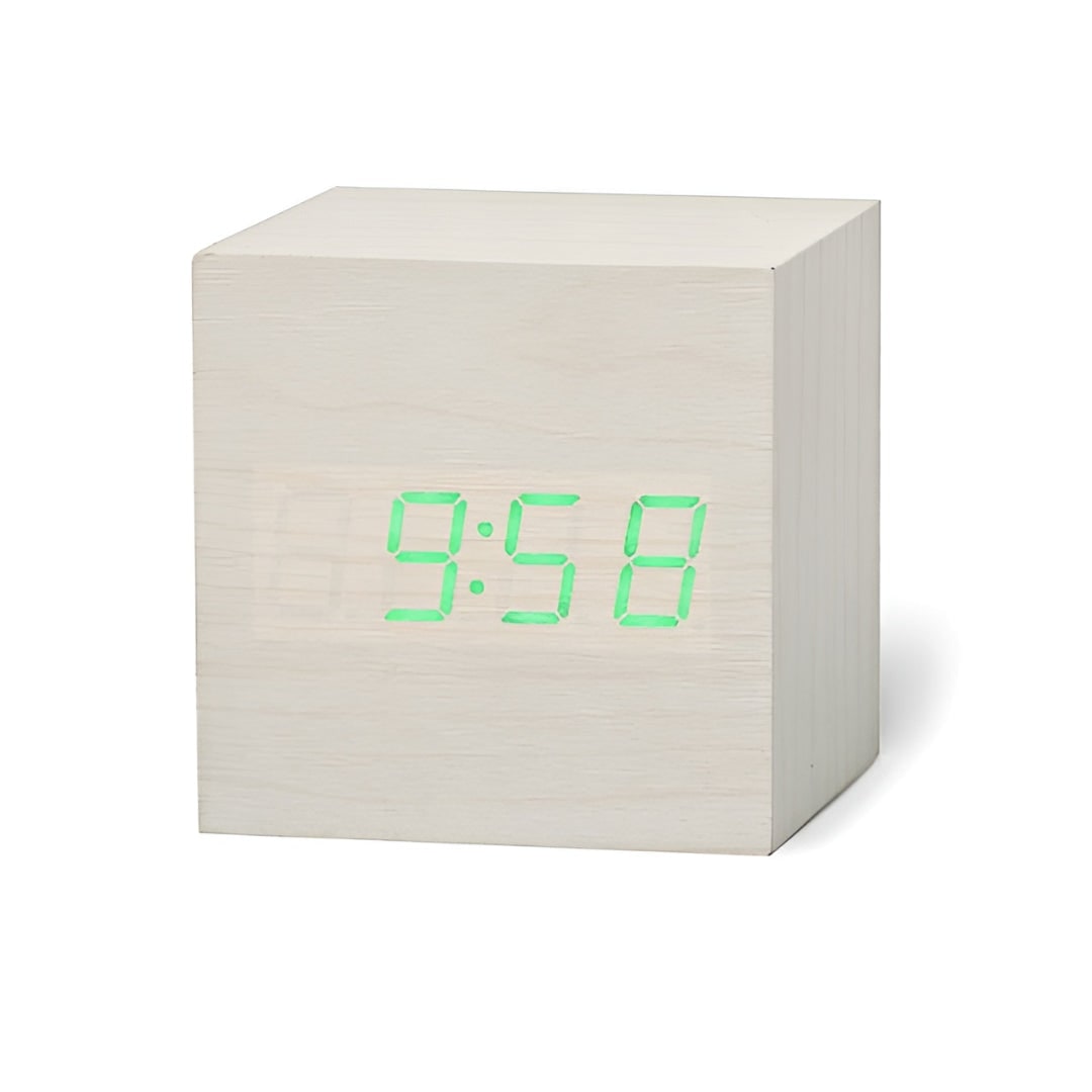 Digitale LED-wekker kubus met houtnerf en temperatuurweergave
