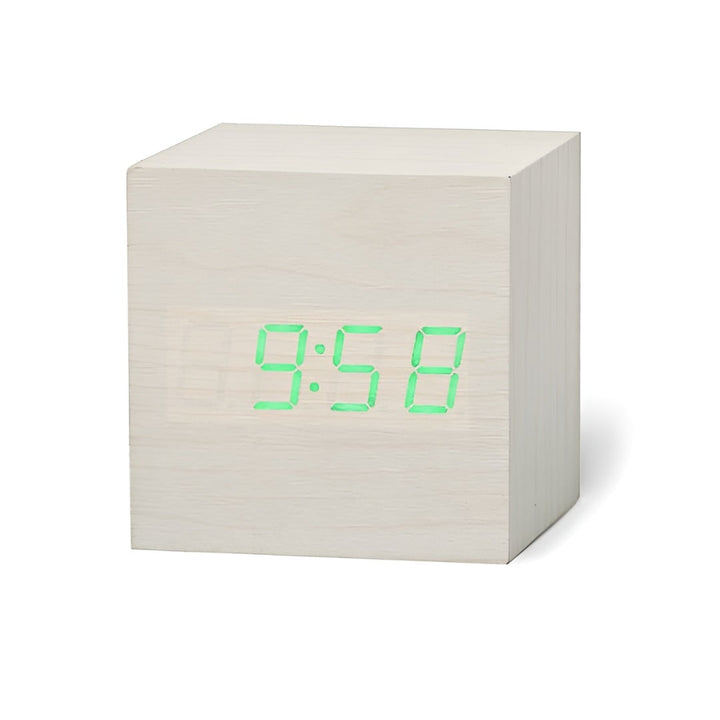 Digitale LED-wekker kubus met houtnerf en temperatuurweergave