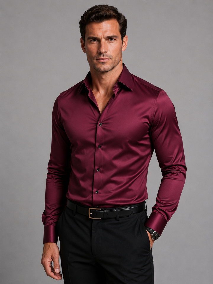 Slim-fit herenoverhemd met satijnlook en stretch, lange mouwen